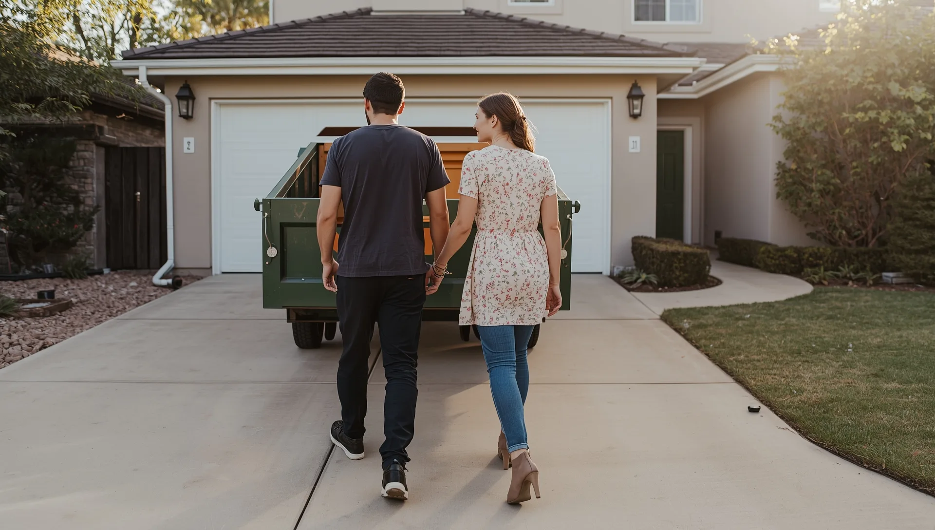 Couple carrying furniture to a roll-off dumpster on their driveway during a cleanout