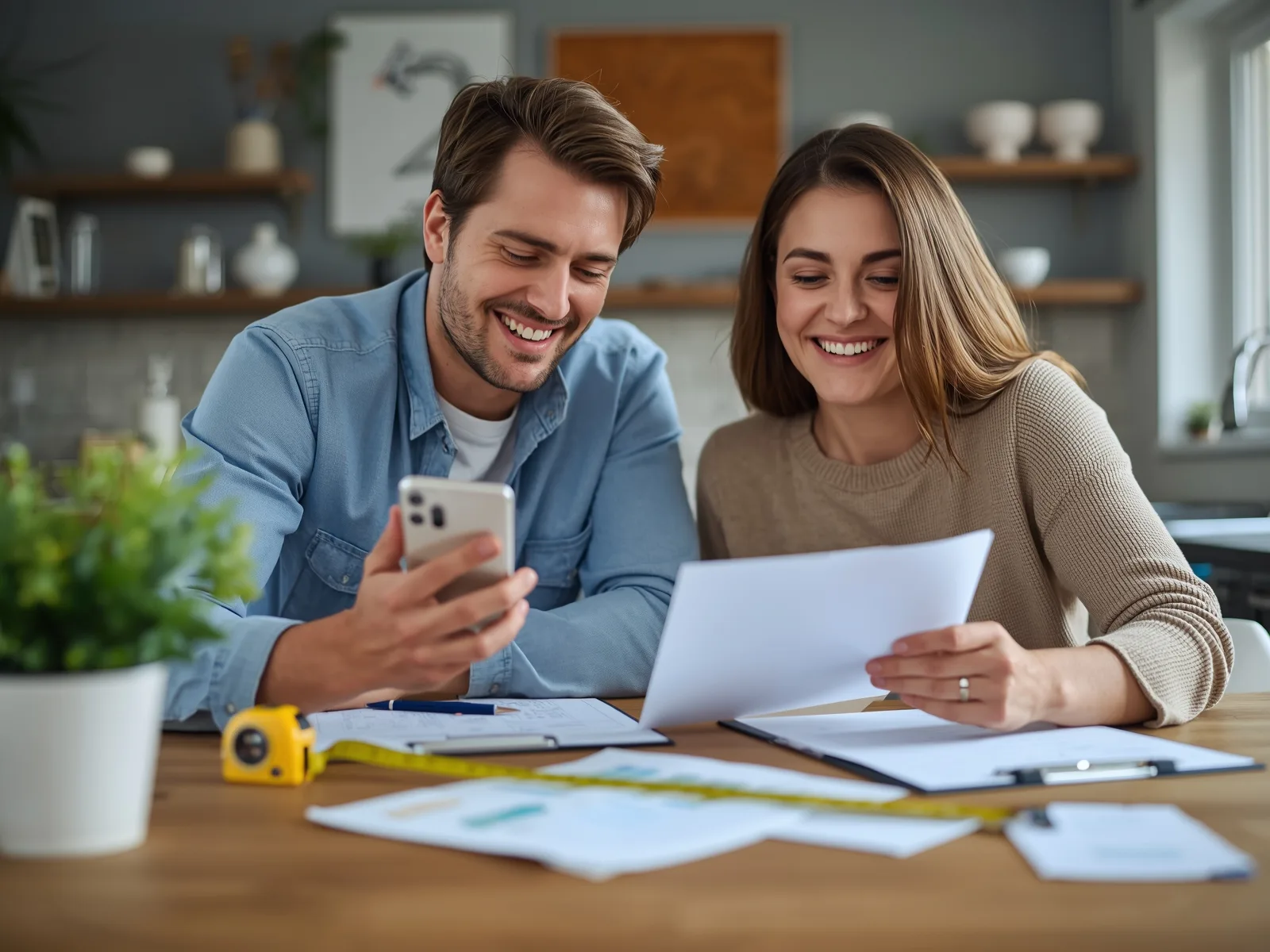 Contractor and homeowner reviewing a rental quote together at a kitchen table