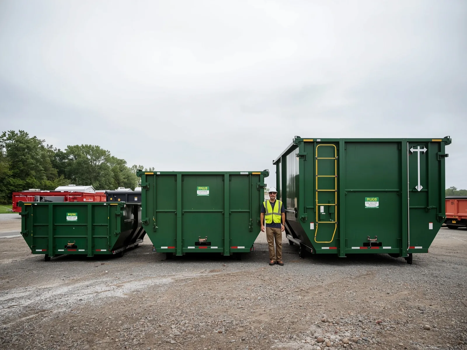 Three roll-off dumpsters in increasing size with a contractor standing beside them for scale